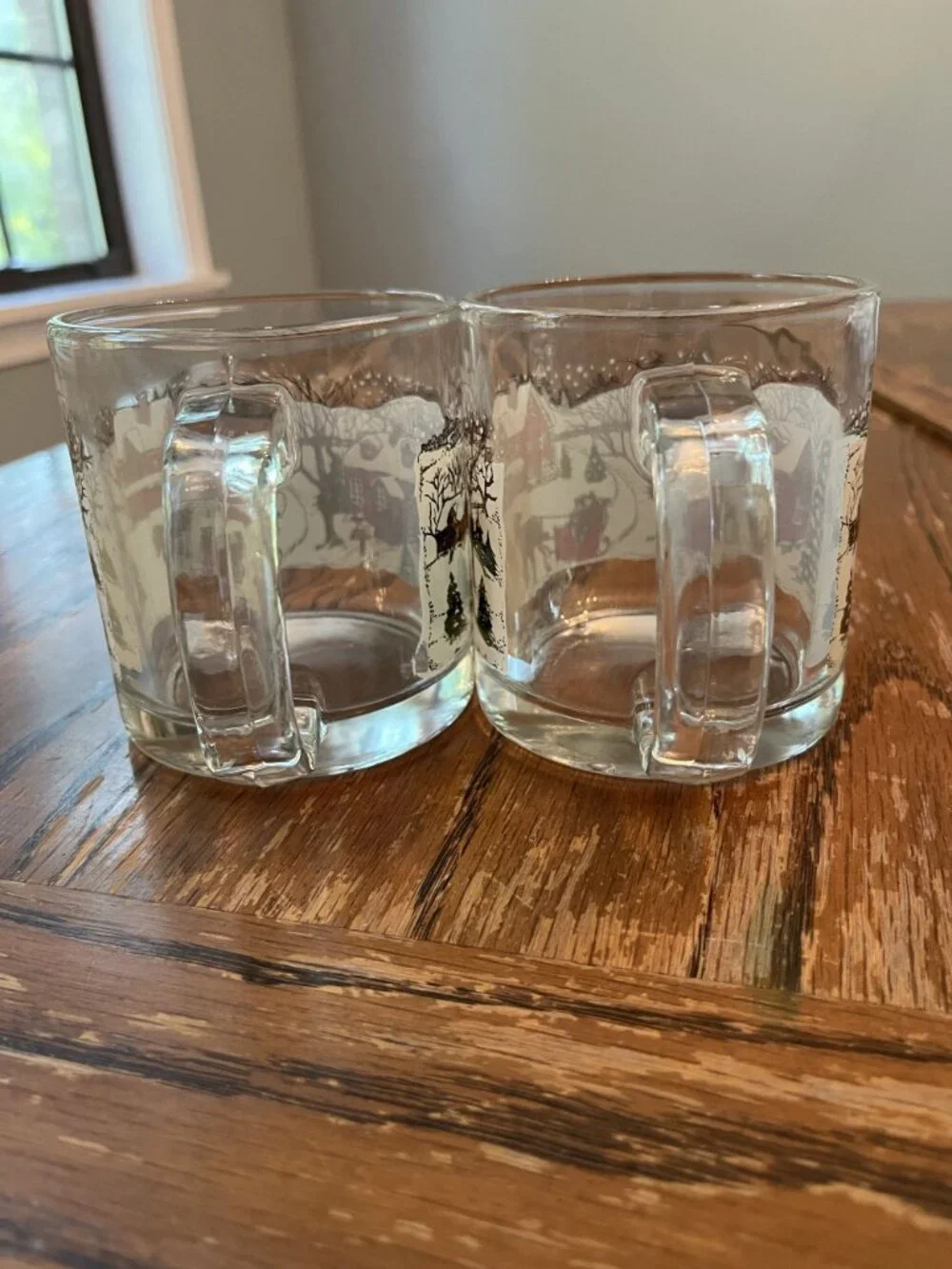 Vintage Libbey Christmas Mugs Snowy Winter Scene Clear Glass Set Of 2
